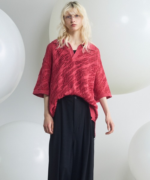 MAISON SPECIAL（メゾンスペシャル）の「《UNISEX》Random Bias Mesh Jacquard Prime-Over Knit T-shirt/ランダムバイアスメッシュジャガードプライムオーバーニットTシャツ【MAISON SPECIAL/メゾンスペシャル】（ポロシャツ・メンズ・ブラック/グレー/レッド・0/1/2）」の8枚目の写真