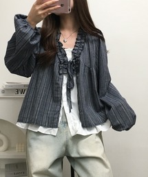 ストライプ柄リボン付フェミニンブラウス 長袖