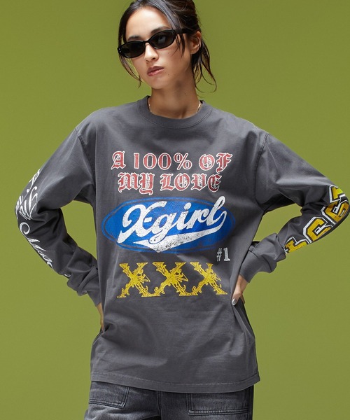X-girl(エックスガール)の「FADED MIX LOGO L/S TEE(Tシャツ/カットソー・レディース・オリーブ/バーガンディー/ブラック・XL/L/M/S)」の1枚目の写真
