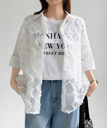 大人の透け感シアー カットジャガードシアーシャツ オーバーサイズ シアーシャツ トップス オーバーサイズシャツ 半袖 五分袖 レイヤード 羽織り ロング 冷房対策 UV対策 春服 夏服