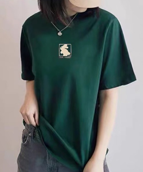 Girly Doll(ガーリードール)の「ラビットモチーフクルーネックTシャツ(Tシャツ/カットソー・レディース・グリーン系その他/ブラック・L/M/S)」の1枚目の写真