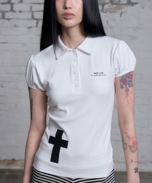 NIIER NOR(ニアノア)の「A'GEM/9 × .kom 『NIIER NOR/ニーアノア』 PUFF SLEEVE PIQUE TEE/パフスリーブピークポロTシャツ(ポロシャツ・レディース・ブラック/ホワイト・FREE)」の9枚目の写真