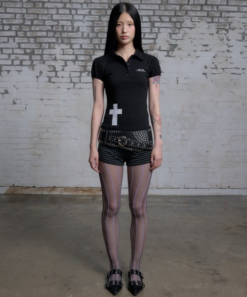 NIIER NOR(ニアノア)の「A'GEM/9 × .kom 『NIIER NOR/ニーアノア』 PUFF SLEEVE PIQUE TEE/パフスリーブピークポロTシャツ(ポロシャツ・レディース・ブラック/ホワイト・FREE)」の4枚目の写真
