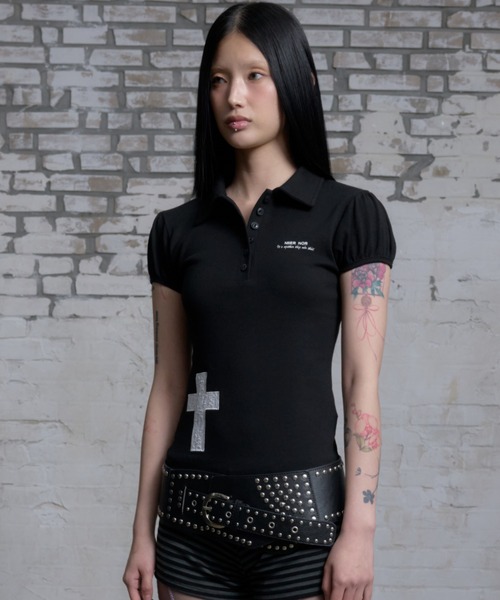 NIIER NOR(ニアノア)の「A'GEM/9 × .kom 『NIIER NOR/ニーアノア』 PUFF SLEEVE PIQUE TEE/パフスリーブピークポロTシャツ(ポロシャツ・レディース・ブラック/ホワイト・FREE)」の3枚目の写真