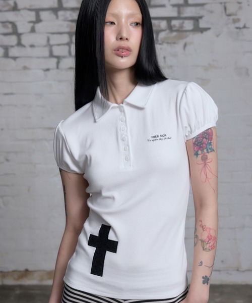 NIIER NOR(ニアノア)の「A'GEM/9 × .kom 『NIIER NOR/ニーアノア』 PUFF SLEEVE PIQUE TEE/パフスリーブピークポロTシャツ(ポロシャツ・レディース・ブラック/ホワイト・FREE)」の8枚目の写真