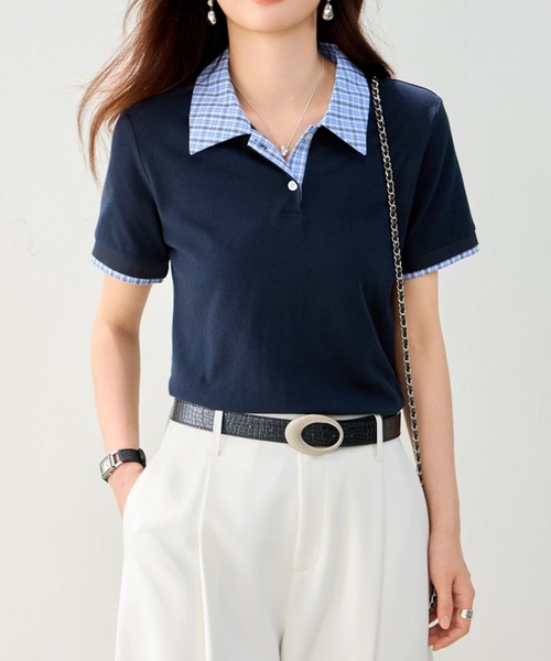 LUCPY(ラクピー)の「チェックカラー配色ポロニットトップス(その他トップス・レディース・ネイビー・SMALL/LARGE/MEDIUM/X-LARGE)」の1枚目の写真