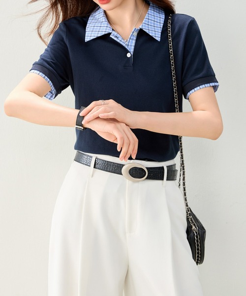 LUCPY(ラクピー)の「チェックカラー配色ポロニットトップス(その他トップス・レディース・ネイビー・SMALL/LARGE/MEDIUM/X-LARGE)」の2枚目の写真