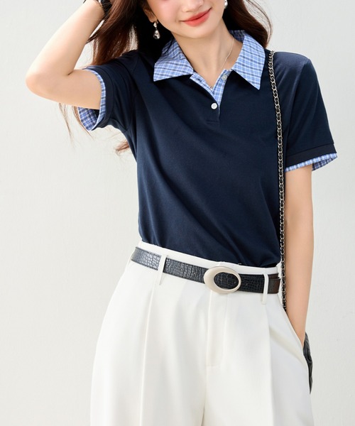 LUCPY(ラクピー)の「チェックカラー配色ポロニットトップス(その他トップス・レディース・ネイビー・SMALL/LARGE/MEDIUM/X-LARGE)」の3枚目の写真