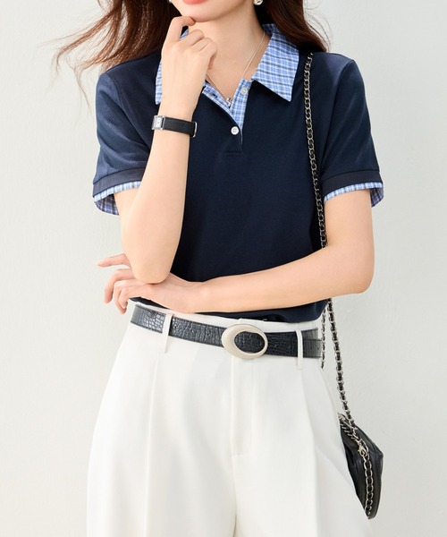 LUCPY(ラクピー)の「チェックカラー配色ポロニットトップス(その他トップス・レディース・ネイビー・SMALL/LARGE/MEDIUM/X-LARGE)」の4枚目の写真