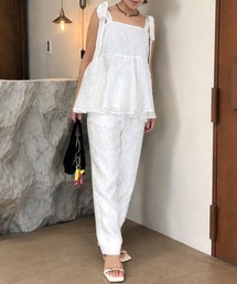 【大人フェミニンなセットアップ】【pufe】シアージャガードセットアップ 2点セット トップス パンツ 肩リボン フレアトップス ペプラム