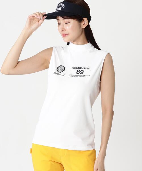 PEARLY GATES(パーリーゲイツ)の「【PEARLY GATES】FD40/-FD100dベア擬似メッシュスリーブレスハイネックカットソー(Tシャツ/カットソー・レディース・ホワイト/ネイビー・MEDIUM/X-SMALL)」の1枚目の写真