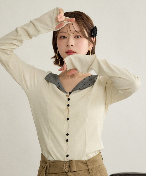 mideal(マイディール)の「design rib tops / デザインリブトップス(Tシャツ/カットソー・レディース・アイボリー/グレー/ブラウン/ボルドー・FREE)」の2枚目の写真