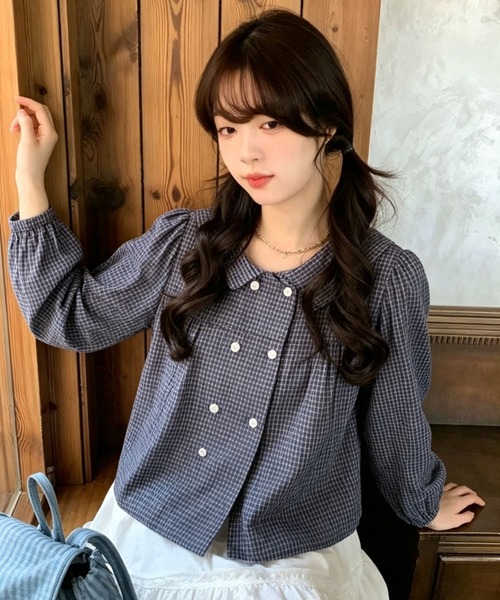 GEMEDA（ジェメダ）の「かわいいチェック柄ダブルボタン長袖シャツ（シャツ/ブラウス・レディース・ネイビー・M）」の3枚目の写真