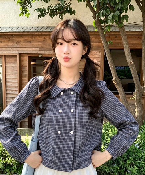 GEMEDA（ジェメダ）の「かわいいチェック柄ダブルボタン長袖シャツ（シャツ/ブラウス・レディース・ネイビー・M）」の4枚目の写真
