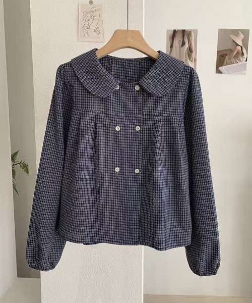 GEMEDA（ジェメダ）の「かわいいチェック柄ダブルボタン長袖シャツ（シャツ/ブラウス・レディース・ネイビー・M）」の6枚目の写真