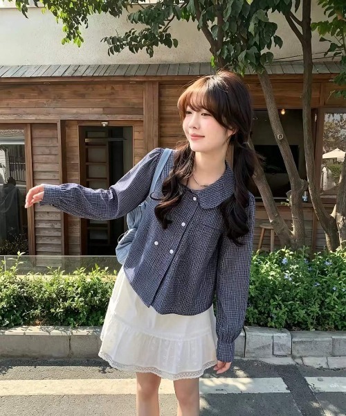 GEMEDA（ジェメダ）の「かわいいチェック柄ダブルボタン長袖シャツ（シャツ/ブラウス・レディース・ネイビー・M）」の7枚目の写真