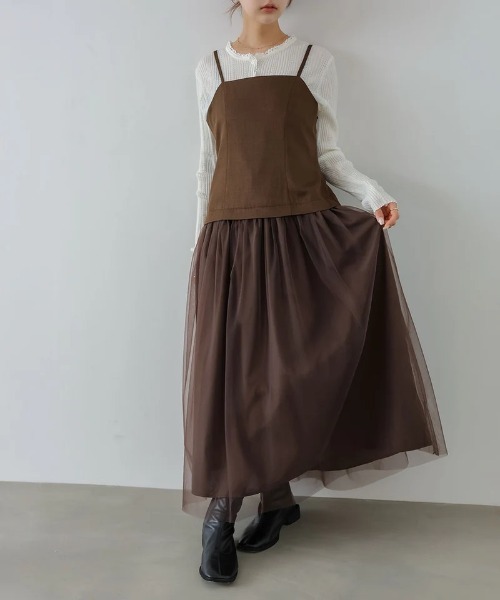 Bab(バブ)の「【選べるサイズ展開】レイヤード風チュールキャミワンピース(ワンピース・レディース・チャコールグレー/ブラウン/アイボリー・SMALL/MEDIUM)」の1枚目の写真