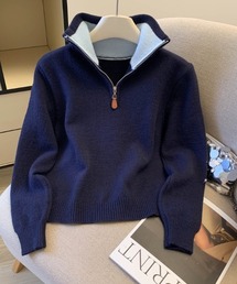 配色襟ハーフジップニットプルオーバー