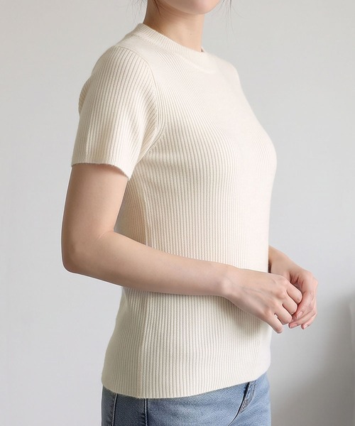 LOWO(ロワ)の「ウールブレンドモックネック半袖リブニットプルオーバー(ニット/セーター・レディース・ブラウン/チャコールグレー/カーキ/アイボリー/ブラック・FREE)」の12枚目の写真