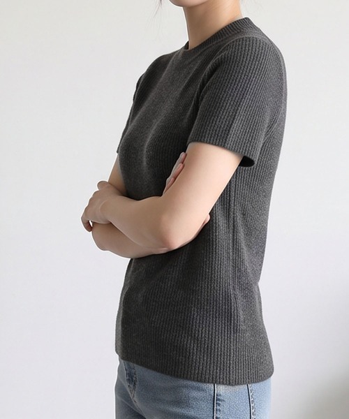 LOWO(ロワ)の「ウールブレンドモックネック半袖リブニットプルオーバー(ニット/セーター・レディース・ブラウン/チャコールグレー/カーキ/アイボリー/ブラック・FREE)」の16枚目の写真