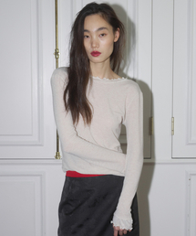 FRILL U-NECK TOP, BEIGE