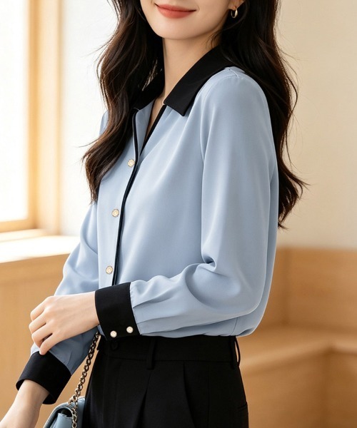 ReRe(リリ)の「配色襟パイピングクレリック長袖シャツ(シャツ/ブラウス・レディース・ライトブルー・MEDIUM/X-LARGE/LARGE)」の5枚目の写真