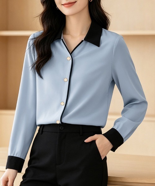 ReRe(リリ)の「配色襟パイピングクレリック長袖シャツ(シャツ/ブラウス・レディース・ライトブルー・MEDIUM/X-LARGE/LARGE)」の7枚目の写真