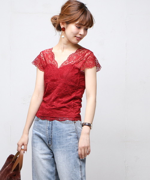 natural couture(ナチュラルクチュール)の「レースカップ付フレンチスリーブ(Tシャツ/カットソー・レディース・アイボリー/ブラック/ピンクベージュ/ボルドー・FREE)」の4枚目の写真