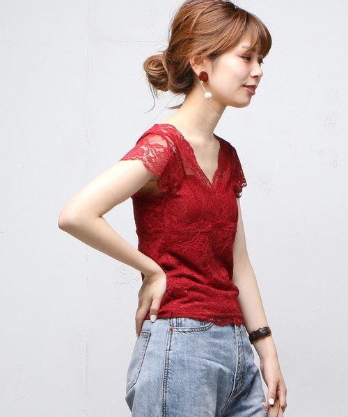 natural couture(ナチュラルクチュール)の「レースカップ付フレンチスリーブ(Tシャツ/カットソー・レディース・アイボリー/ブラック/ピンクベージュ/ボルドー・FREE)」の10枚目の写真