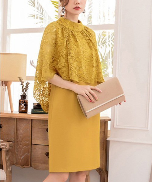 STYLEBLOCK（スタイルブロック）の「ケープ風レースワンピースパーティードレス（ドレス・レディース・ブラック/ベージュ/ネイビー/グレー/イエロー/ピンク・M/S/L/2XL/XL）」の5枚目の写真