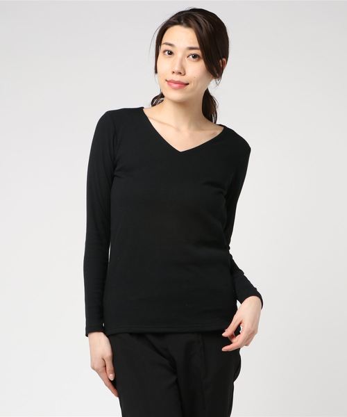 Pierrot（ピエロ）の「前身頃2枚仕立てで透けにくい ネックデザインが選べる テレコリブカットソー（Tシャツ/カットソー・レディース・グレー系その他3/ホワイト系その他5/パープル系その他3/オフホワイト/ブラック系その他/パープル系その他2/杢グレー/ライトグレー/グリーン系その他2/ブラウン系その他2/グリーン系その他3/ブルー系その他/ブラック系その他2/オレンジ系その他2/オレンジ系その他/グリーン系その他/ブラック系その他5/オレンジ系その他3/ブラック系その他4/パープル系その他/ブラック/ブラック系その他3/ネイビー/ホワイト系その他2/ブラウン系その他3/グレー系その他2/ホワイト系その他4/ブラウン系その他/ホワイト系その他/ブルー系その他2/ホワイト系その他3/グレー系その他4/グレー系その他・L/M）」の8枚目の写真