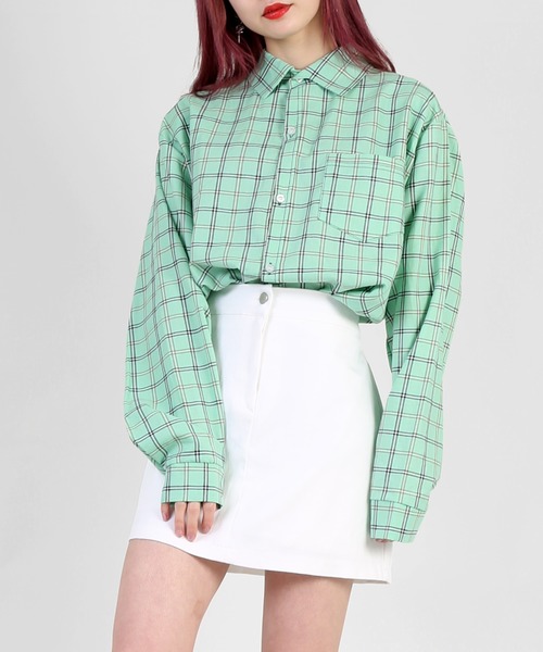 DING(ディング)の「DING/チェックシャツ(シャツ/ブラウス・レディース・ネイビー/グリーン/アイボリー・FREE)」の2枚目の写真