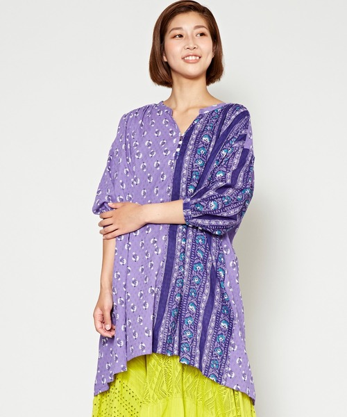 チャイハネ(チャイハネ)の「【チャイハネ】コットンドビー ブロックプリントチュニック(チュニック・レディース・キャメル/ネイビー/パープル・FREE)」の3枚目の写真