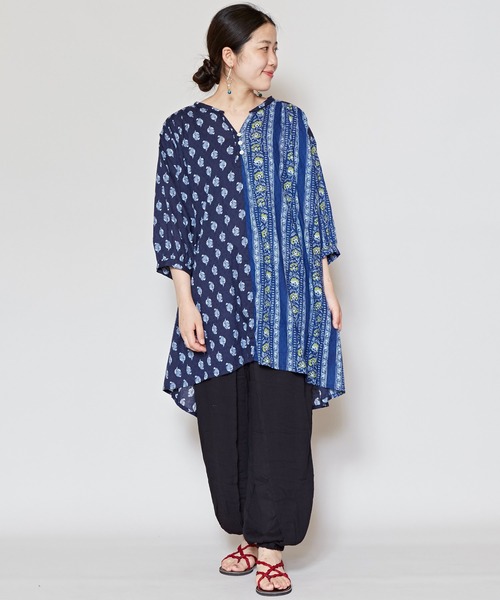 チャイハネ(チャイハネ)の「【チャイハネ】コットンドビー ブロックプリントチュニック(チュニック・レディース・キャメル/ネイビー/パープル・FREE)」の14枚目の写真