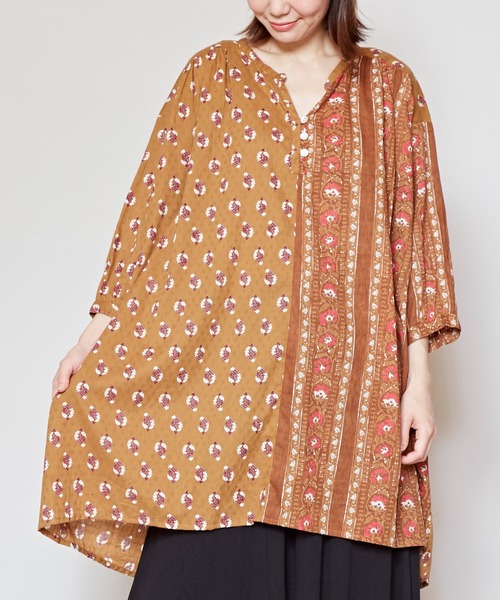 チャイハネ(チャイハネ)の「【チャイハネ】コットンドビー ブロックプリントチュニック(チュニック・レディース・キャメル/ネイビー/パープル・FREE)」の10枚目の写真