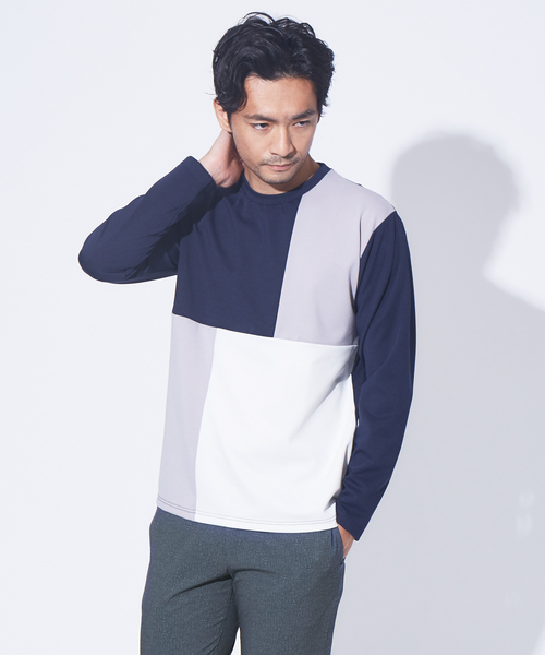 ABAHOUSE GRAY(アバハウスグレイ)の「【展開店舗限定】ポンチ パネル 切替 長袖 Tシャツ(Tシャツ/カットソー・メンズ・ホワイト/ネイビー/グレー・46/48)」の3枚目の写真