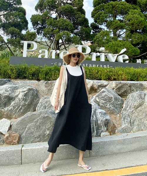 Jewelobe（ジュエローブ）の「綿麻ジャンバースカート（ワンピース・レディース・ブラック/ベージュ/ネイビー・FREE）」の7枚目の写真