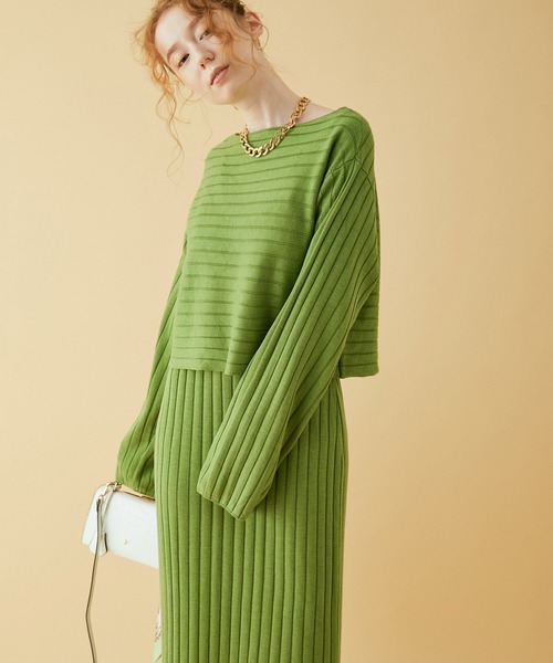 MADEMOISELLE ROPE'（マドモアゼル ロペ）の「【2点セット】デザインニット×リブワンピース（ワンピース・レディース・チャコールグレー/オフホワイト/ライトグリーン・38）」の4枚目の写真