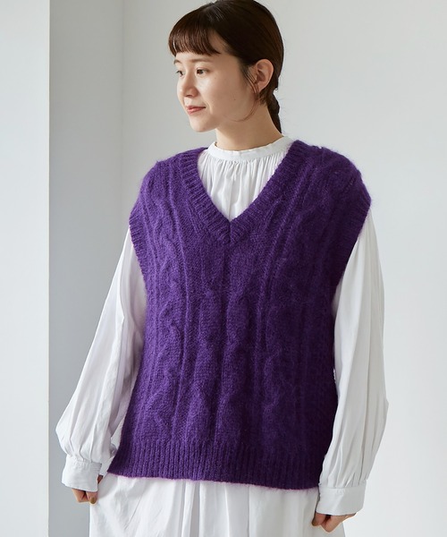 cardo fabrica（カルドファブリカ）の「モヘヤケーブルハンドニットベスト（ベスト・レディース・パープル/グレー・FREE）」の17枚目の写真