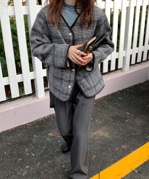 Kith ノーカラーチェックジャケット emi+（エミプラス）の「ノーカラーチェックジャケット（ノーカラー