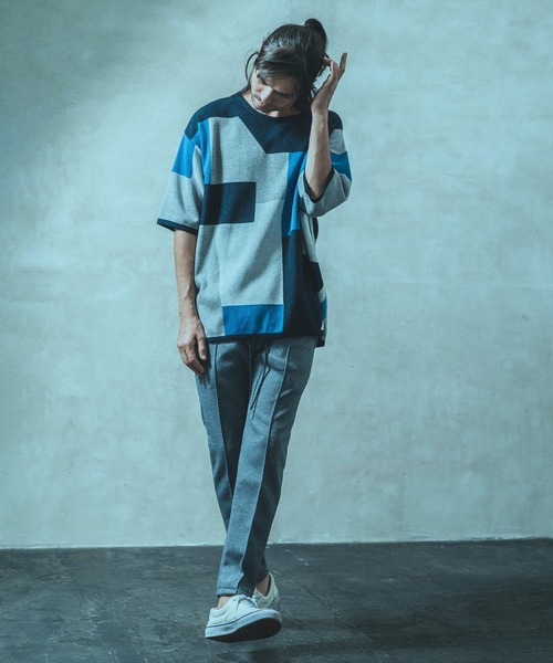 ANGENEHM（アンゲネーム）の「mn2516- ブロッキングサマーニットプルオーバー (MADE IN JAPAN) ニット（Tシャツ/カットソー・メンズ・ブルー/グレー/ブラウン・S/M/L）」の8枚目の写真