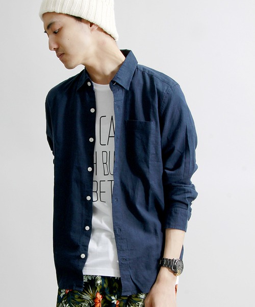 WEGO（ウィゴー）の「WEGO/フレンチリネンMIXレーヨンシャツ（シャツ/ブラウス・メンズ・ホワイト/ライム/サックスブルー/ネイビー・MEDIUM/LARGE）」の3枚目の写真