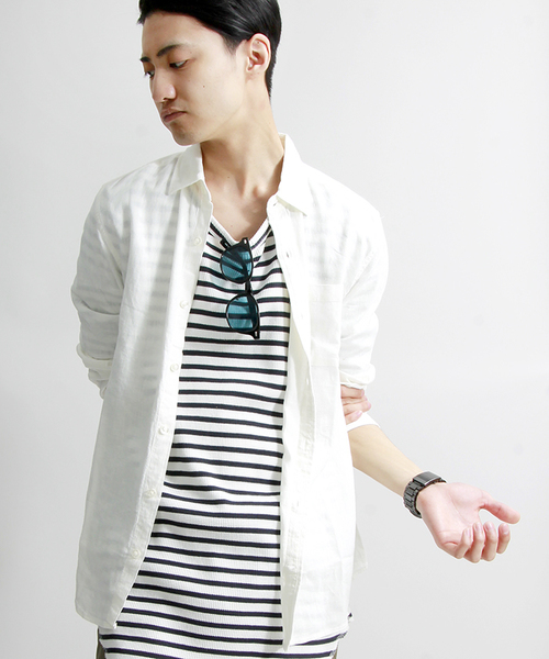 WEGO（ウィゴー）の「WEGO/フレンチリネンMIXレーヨンシャツ（シャツ/ブラウス・メンズ・ホワイト/ライム/サックスブルー/ネイビー・MEDIUM/LARGE）」の2枚目の写真