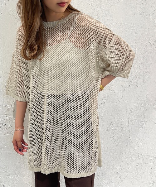 apres jour mignon(アプレジュールミニョン)の「メッシュ半袖ニット【ZOZOTOWN限定アイテム】(ニット/セーター・レディース・オフホワイト/アイボリー/グリーン/ピンク/ブラック・X-LARGE/フリー)」の3枚目の写真