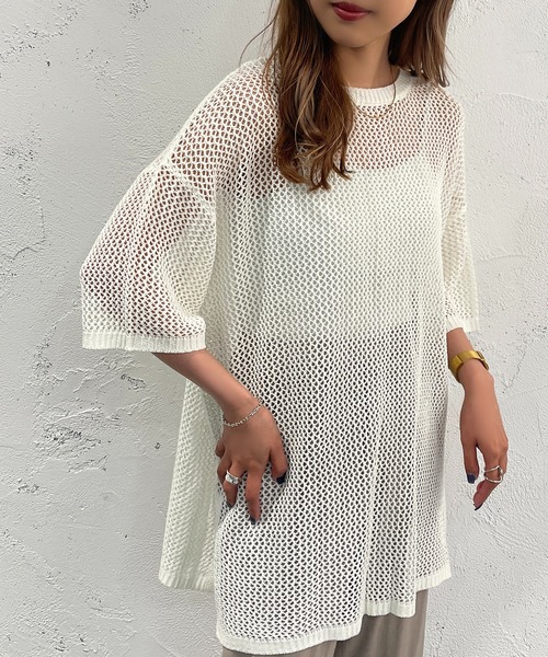 apres jour mignon(アプレジュールミニョン)の「メッシュ半袖ニット【ZOZOTOWN限定アイテム】(ニット/セーター・レディース・オフホワイト/アイボリー/グリーン/ピンク/ブラック・X-LARGE/フリー)」の6枚目の写真