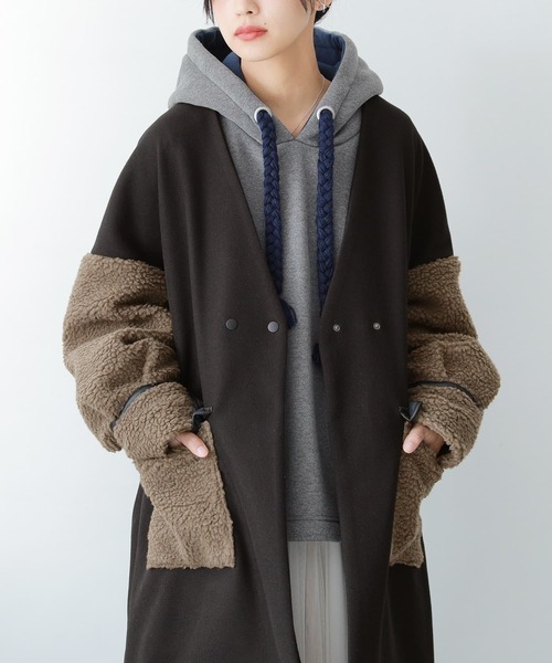 osharewalker（オシャレウォーカー）の「『異素材切替配色メルトンロングコート』（チェスターコート・レディース・杢グレー/ブラック・FREE）」の14枚目の写真