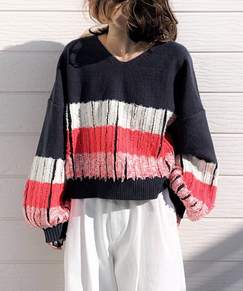 Q(キュー)の「フリンジボーダーニット(ニット/セーター・レディース・アイボリー/チャコールグレー・MEDIUM)」の1枚目の写真