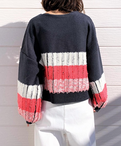 Q(キュー)の「フリンジボーダーニット(ニット/セーター・レディース・アイボリー/チャコールグレー・MEDIUM)」の5枚目の写真