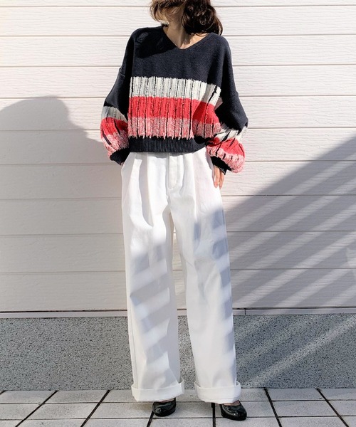 Q(キュー)の「フリンジボーダーニット(ニット/セーター・レディース・アイボリー/チャコールグレー・MEDIUM)」の9枚目の写真