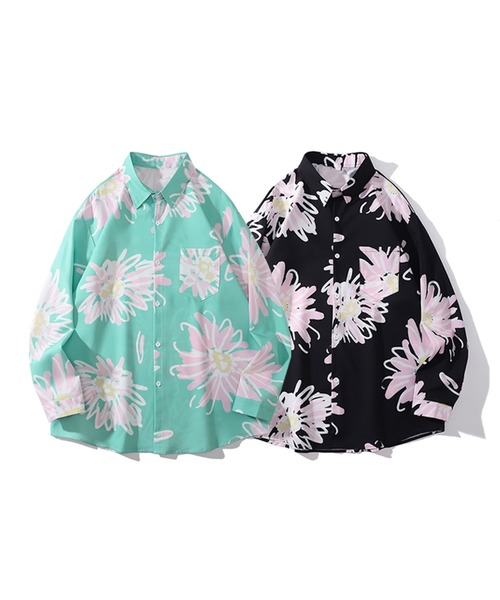 THE HITSS(ヒッツ)の「【THE HITSS】ルーズフィット アートフラワー 花柄 レギュラーカラーシャツ/長袖(シャツ/ブラウス・メンズ・ブラック/グリーン・M/L)」の3枚目の写真